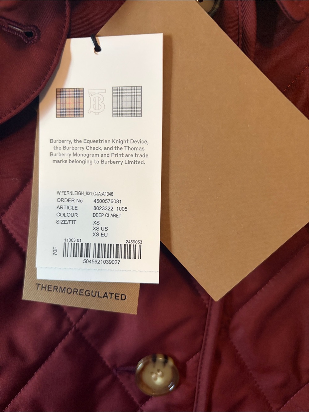 NWT Burberry Fernleigh Quilted Women's Jacket in Deep Burgundy XS - Picture 7 of 13